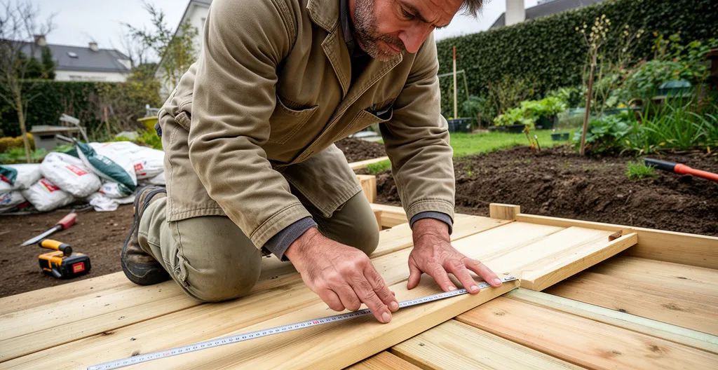 Artisan vérifiant espacement entre lames de terrasse bois