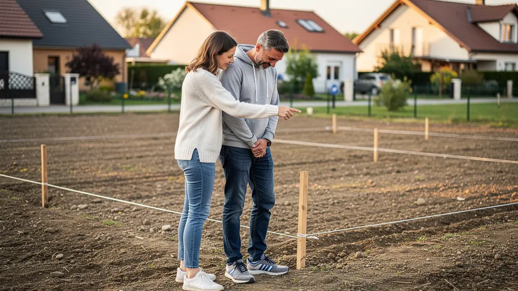 Couple consultant les plans de leur future maison sur le terrain avant construction