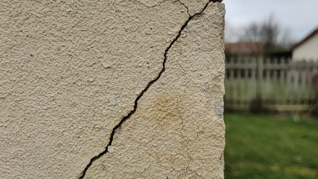 Fissure structurelle sur façade de maison causée par mouvement de sol argileux