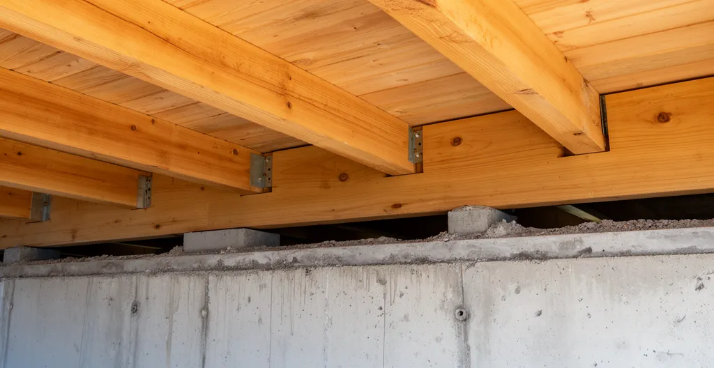 Vue dessous terrasse bois montrant lambourdes et espace ventilation