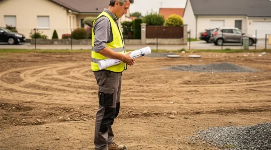 Technicien géotechnique observant un terrain de construction avant étude de sol G2