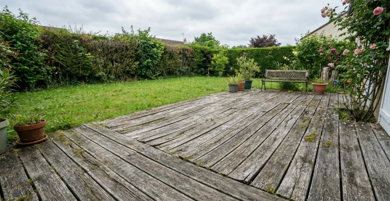 Terrasse bois grisée avec lames légèrement soulevées dans jardin français