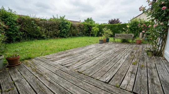 Terrasse bois grisée avec lames légèrement soulevées dans jardin français