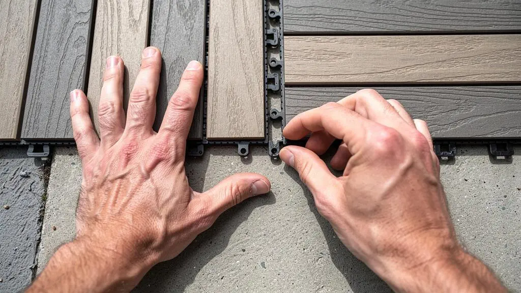 Gros plan sur des mains installant des dalles clipsables en composite sur le sol d'un balcon
