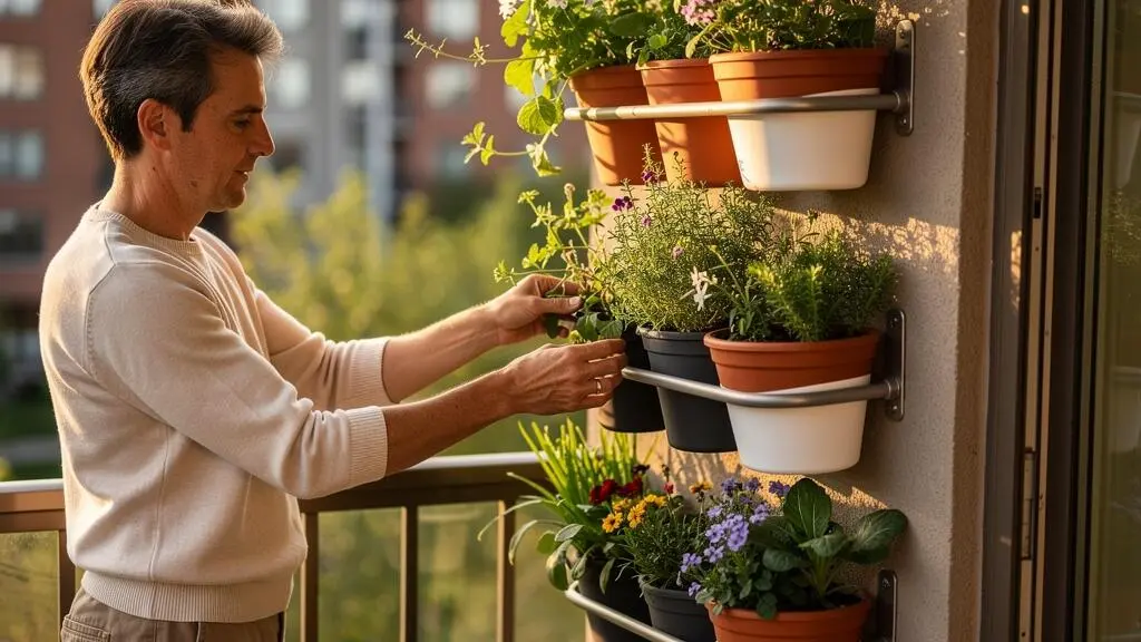 Personne installant des jardinières verticales murales avec plantes variées sur un balcon urbain