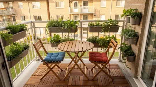 Petit balcon urbain canadien entièrement aménagé avec mobilier compact, plantes verticales et optimisation d'espace