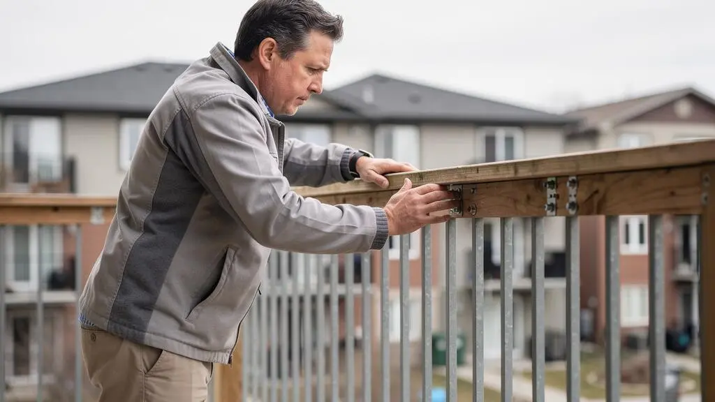 Personne inspectant la solidité d'un garde-corps de balcon en testant sa résistance avec les mains